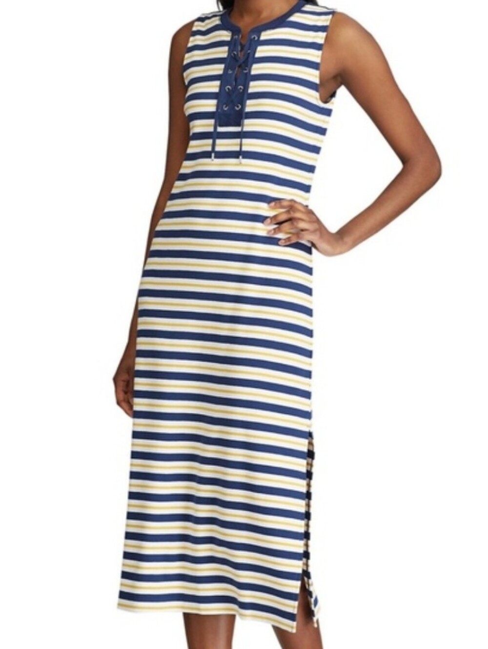 Chaps Navy, Yellow and White Striped Lace-Up Sleeveless Midi Dress W/ Side Slit
